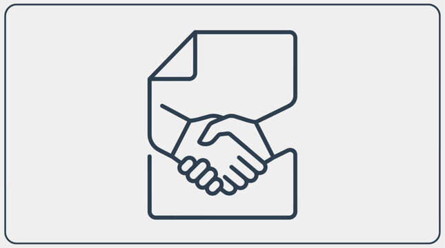 Professional line art icon representing a successful business deal or partnership, featuring a handshake over a legal document, symbolizing agreement and contract finalization