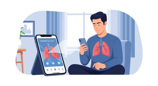 Flat vector illustration of a man sitting in a living room using a mobile AI breathing coach application for meditation, lung health, and deep breathing exercises on his smartphone.