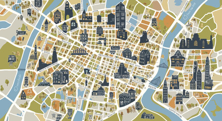 Fototapeta premium Detailed and charming vector illustration of an intricate city map, highlighting historical architecture, famous landmarks, parks, and rivers, ideal for travel guides and urban exploration
