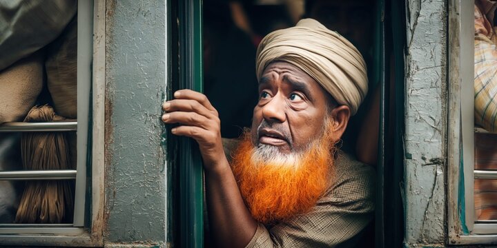 Elderly Bangladeshi man with vibrant orange beard peers out of a train window