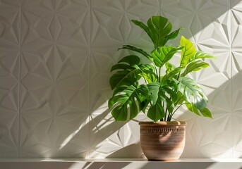 Fototapeta premium Bright Sunlight Illuminates a Potted Green Monstera Plant Against a Textured Geometric Wall, plant in a pot