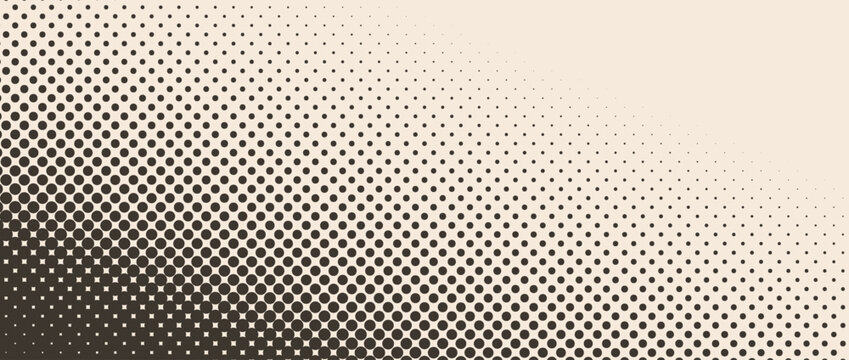 Beige halftone corner gradient background. Aged fading repeating polka dot texture. Repeated dotted gradation pattern. Vanishing comic pop art overlay backdrop. Vector cartoon raster effect wallpaper