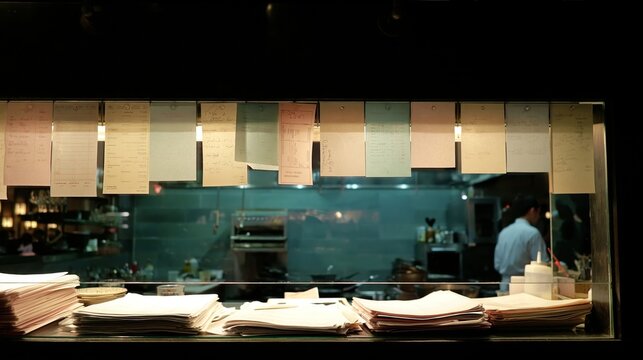 Restaurant Kitchen Service Window with Hanging Tickets
