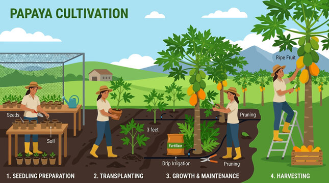 Papaya cultivation infographic showing the four stages of farming from seedling preparation to final fruit harvesting
