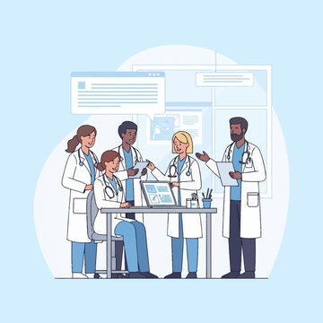 Vector illustration of a diverse multicultural medical team of five doctors in white lab coats and blue scrubs collaborating around a laptop in a modern clinic office setting.