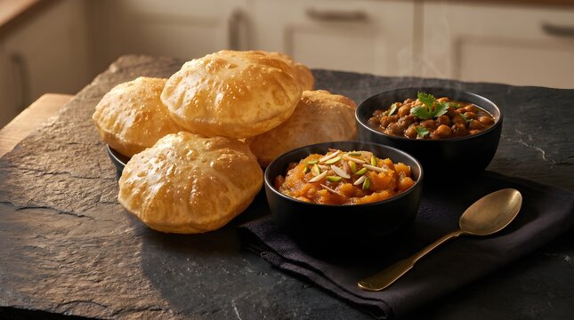 Gourmet Indian Halwa Puri Chana Breakfast on Dark Slate