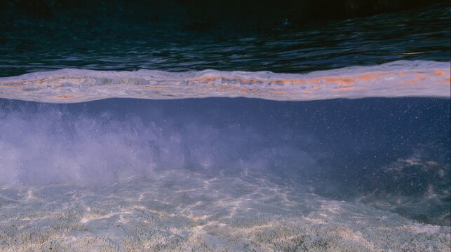 Split underwater view showing clear teal ocean water and a sandy sea bottom for nature, travel advertising and aquatic lifestyle background concepts