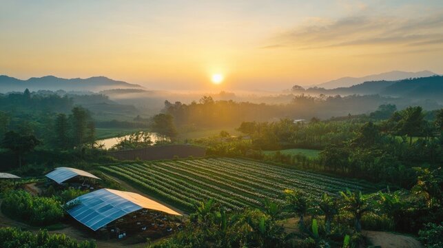 A peaceful sunrise over a sustainable farm, symbolizing a new day for zero waste and environmental preservation