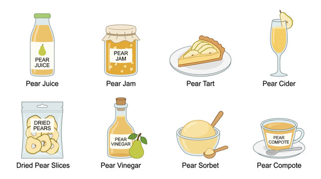 Pear products set featuring juice jam tart cider dried slices vinegar sorbet and compote icons collection