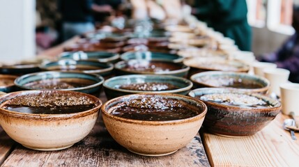 Fototapeta premium Rows of ceramic cupping bowls with brewed coffee samples on a wooden table for professional beverage tasting, specialty industry training and cafe menu advertising