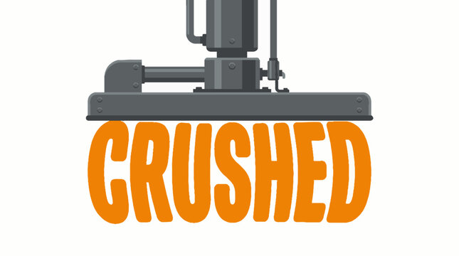 Industrial hydraulic press machine crushing the orange word CRUSHED in a flat vector illustration style on a plain white background for design