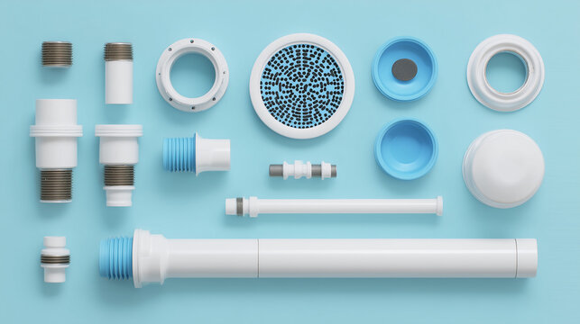 Assorted small plumbing parts and hardware components on a blue background, industrial maintenance tools, technical set