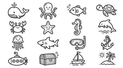 Cute Hand-Drawn Ocean Life Icons: Whale, Octopus, Fish, Turtle, Crab, Starfish © Labib