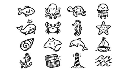 Cute Sea Life Doodles: Fish, Whale, Octopus, Turtle, Dolphin, Jellyfish © Labib