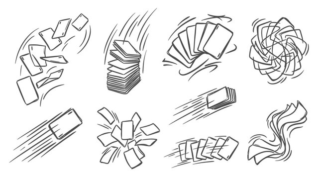 Hand-drawn paper motion effects: scattering, flying, spinning, and falling documents