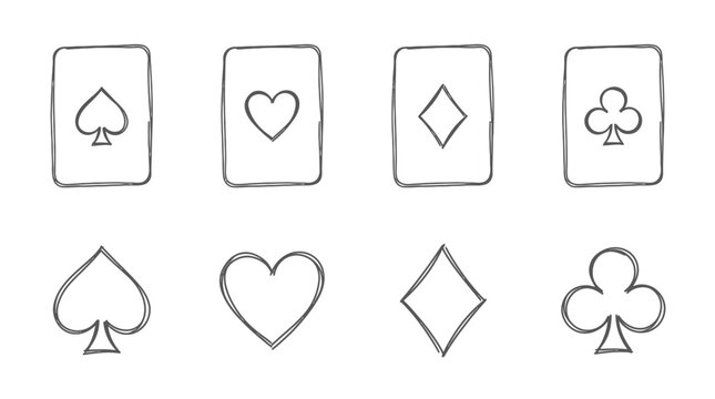Playing Card Suits Icons: Spades, Hearts, Diamonds, Clubs - Hand Drawn Sketch