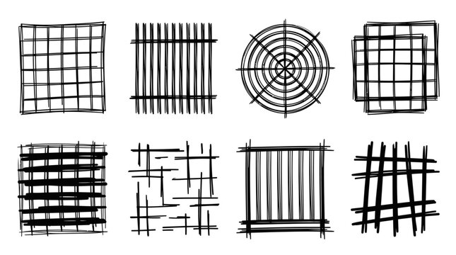 Set of 8 hand-drawn abstract geometric patterns, black ink strokes on white.