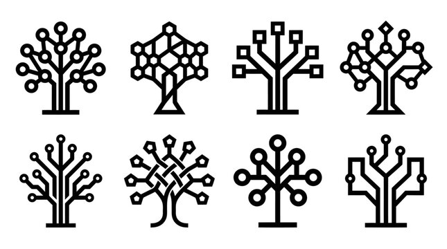 Digital Tree Icons Set: Technology, Network, Growth, Connection, Abstract Design