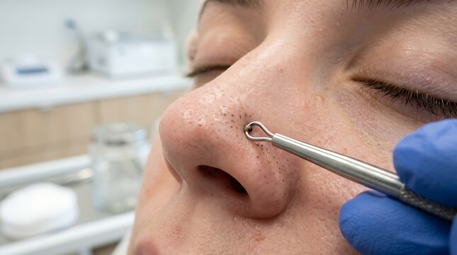 Close-up of Professional Blackhead Extraction on Nose with Metal Tool, Cosmetologist Performing Pore Cleansing for Clear Skin Treatment