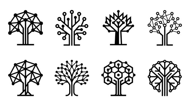 Digital Tree Icons Set: Technology, Network, Growth, Innovation, Abstract Concepts