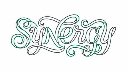 Fototapeta premium Synergy word written in a decorative cursive script font with intertwined green and grey lines on a white background for business branding concepts