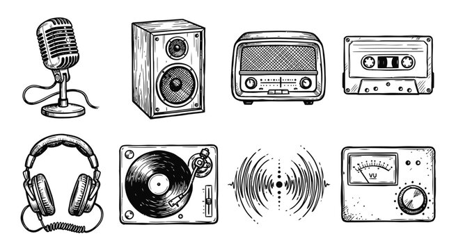 Vintage Audio Equipment Icons: Microphone, Speaker, Radio, Cassette, Turntable