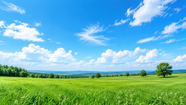 Wide green meadow under bright blue sky with scattered clouds