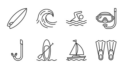 Summer Water Sports Icons: Surfing, Swimming, Snorkeling, Sailing, Paddleboarding © Labib