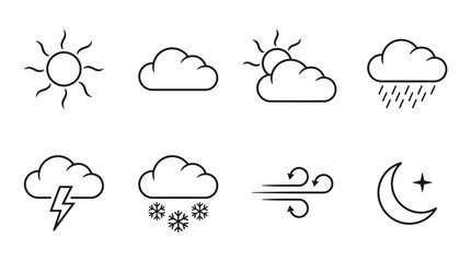 Obraz premium Weather Icons Set: Sun, Clouds, Rain, Snow, Lightning, Wind, Night Sky
