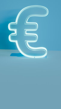 Vertical 3D render of a glowing glass Euro sign with neon light for digital finance and mobile fintech