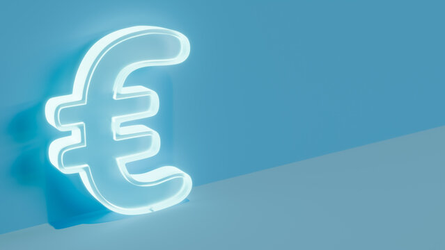 Horizontal 3D render of a transparent glass Euro sign with glowing neon light edges and copyspace