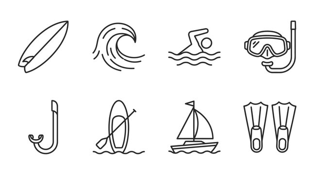 Summer Water Sports Icons: Surfing, Swimming, Snorkeling, Sailing, Paddleboarding