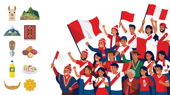 Bold flat vector illustration featuring a diverse group of Peruvian fans waving flags and celebrating, with icons of Machu Picchu, a llama, mountains, and traditional food.