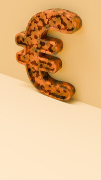 Vertical 3D render of an oxidized rusty Euro sign for economic crisis and eurozone inflation concepts