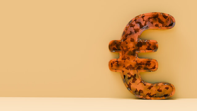 Horizontal 3D render of a rusty and corroded Euro sign on a beige background with copyspace