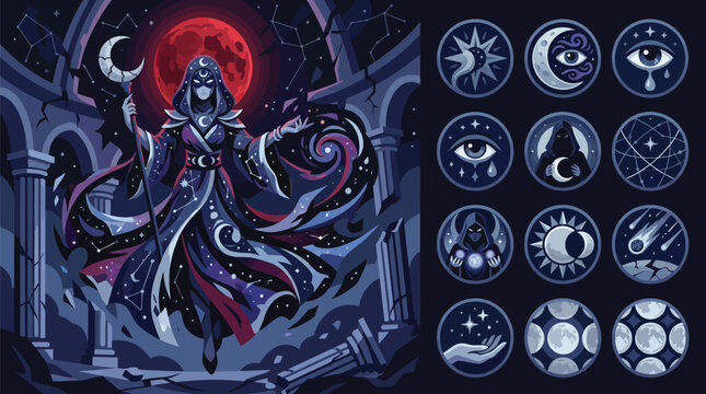 Flat vector illustration of a dark hooded sorceress in celestial robes standing before a glowing red moon in a ruined temple, accompanied by twelve circular mystical and cosmic icons.