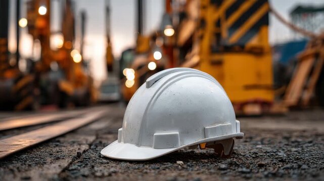 White hard hat construction site with safety helmet industrial area, yellow crane, gravel ground, blurred background, sunset light, abandoned helmet, worker safety and engineering concept near