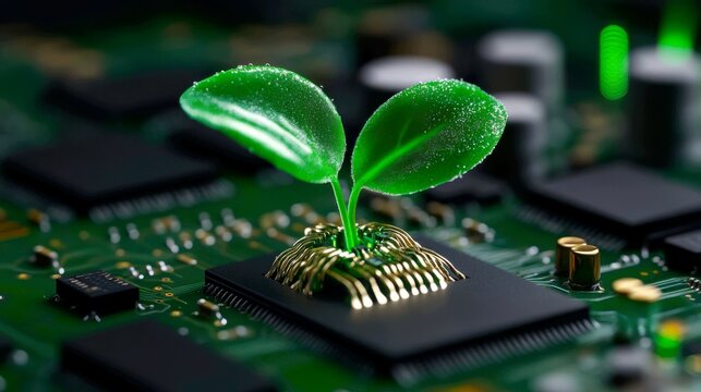a vibrant green sprout, with dew-kissed leaves, defiantly pushing its way through the layers of a complex, deactivated circuit board