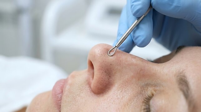 Skincare specialist using a professional comedone extractor tool for blackhead removal on a client's nose during a facial treatment.