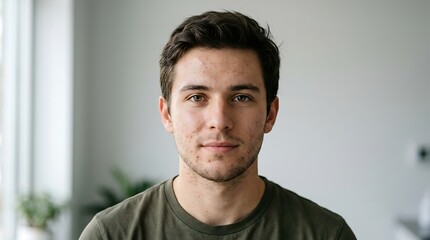 Obraz premium Authentic Portrait of a Confident Young Man with Dark Hair and Light Eyes, Looking Directly at the Camera with a Neutral Expression