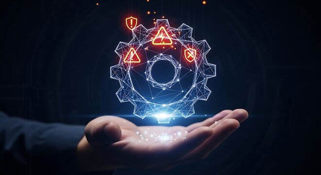 Digital gear with warning signs floating above a human hand, representing technical maintenance, system error, or cybersecurity risk management