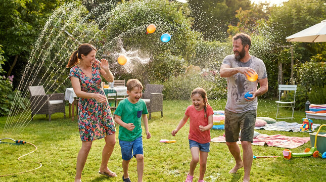 Family with two children, splashing water and popping water balloons, playing together in backyard, green lawn with sprinkler, summer lifestyle photography