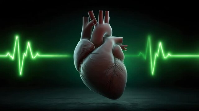 Anatomical heart medical anatomy green heartbeat pulse electrocardiogram health organ organic concept with dark background glowing light care cardiology rhythm life sign SEO optimized title