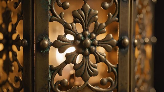 Closeup of an ornate antique lantern with intricate metalwork and warm light.