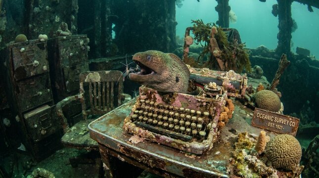 Moray eel inside a sunken shipwreck with rusted typewriter underwater