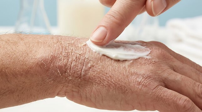 Applying moisturizing cream to dry, flaky hand for skin relief and hydration, emphasizing daily skincare and treatment for chapped, rough skin.