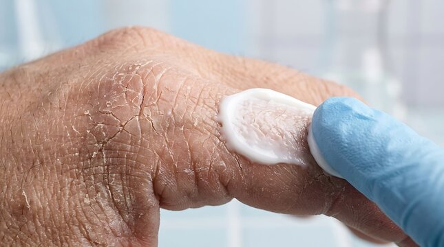 Medical professional applies moisturizing cream to severely dry, cracked skin on a hand, addressing eczema, psoriasis, or irritation with dermatolo...