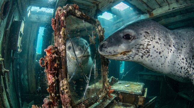 Leopard seal exploring shipwreck interior underwater with mirror reflection