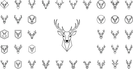 Obraz premium Minimal deer head logo vector collection with geometric stag emblems wildlife branding symbols and modern antler icon designs