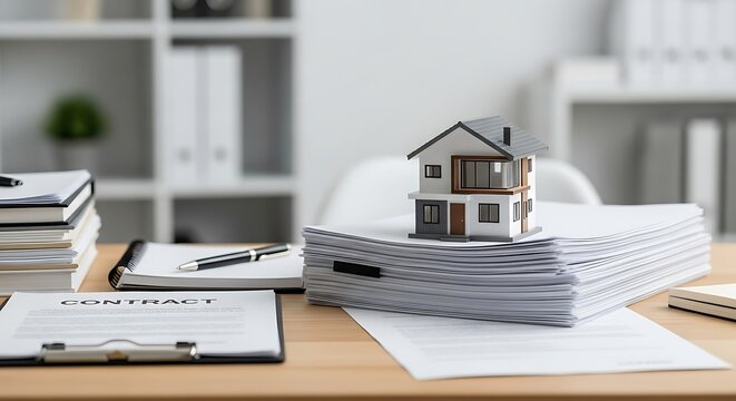 Miniature house model sitting on a large stack of legal documents and contracts on an office desk representing real estate purchase agreements
